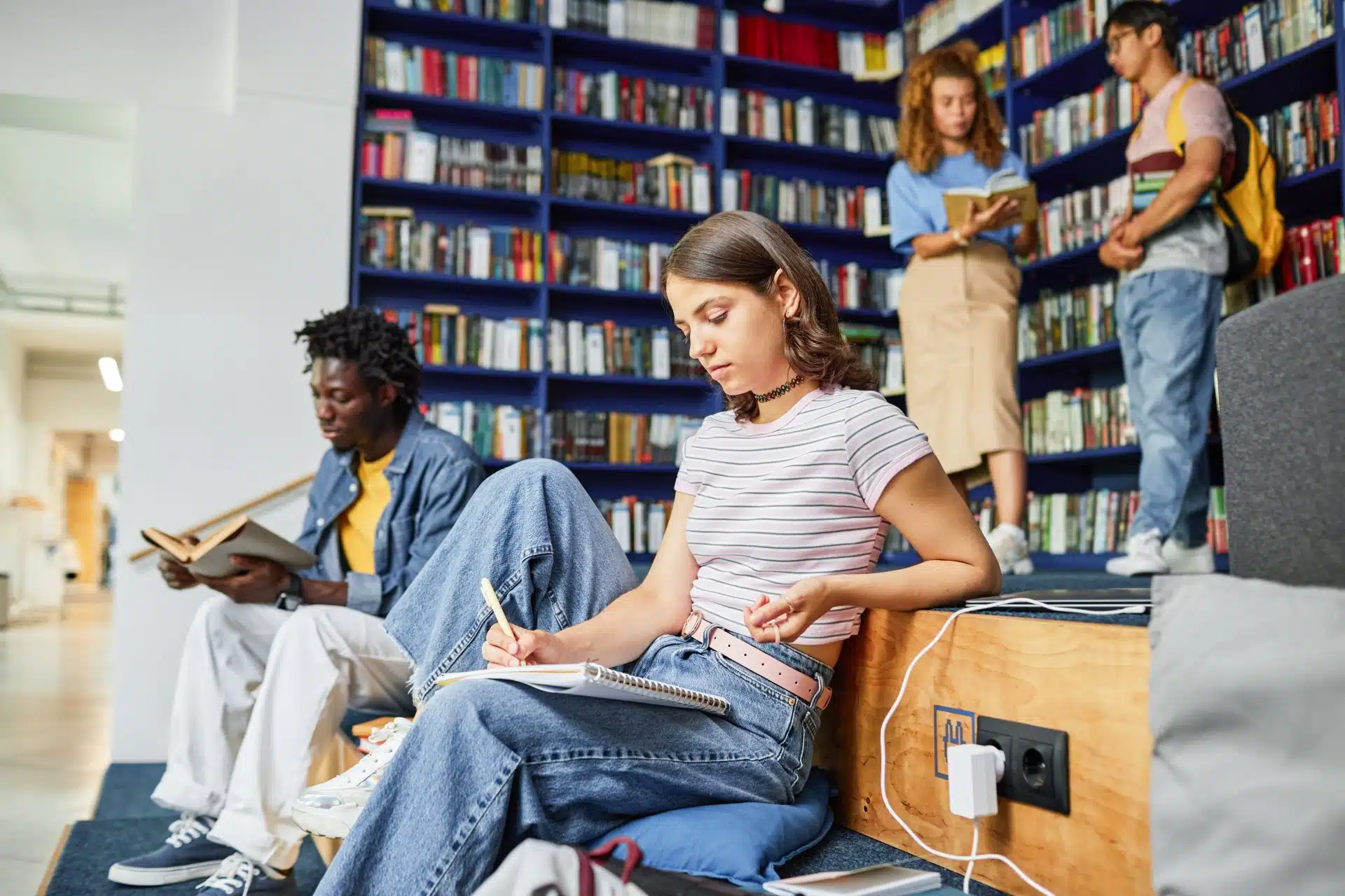 Vibrant side view portrait of young woman doing homework in college library with students in background, copy space