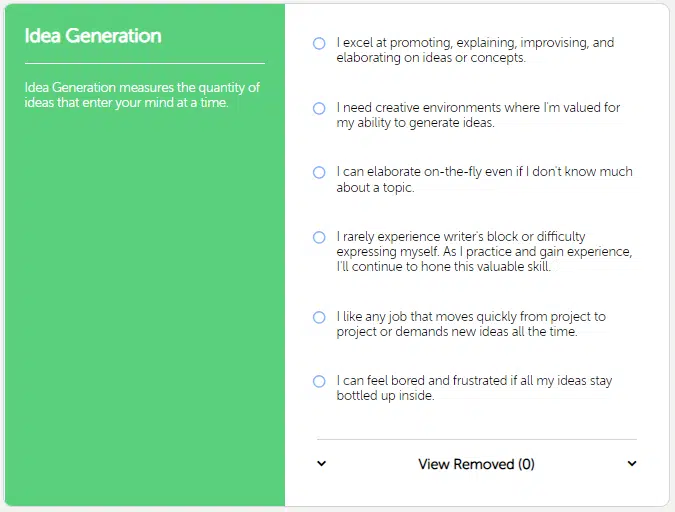 Idea Generation section of Describing You portion of YouScience Discovery